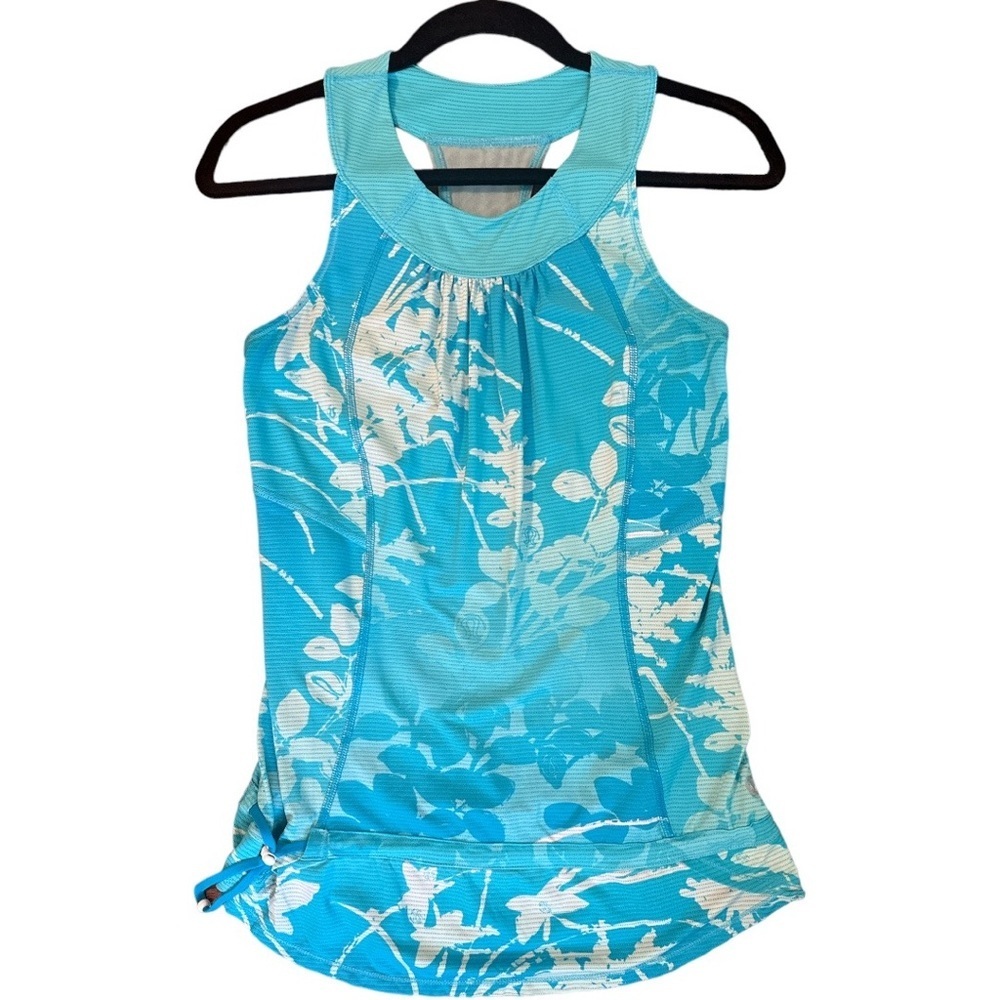 LULULEMON Run: Race Tech High Scoop Neck Blue Tropical Print Tank Top | Size: 6